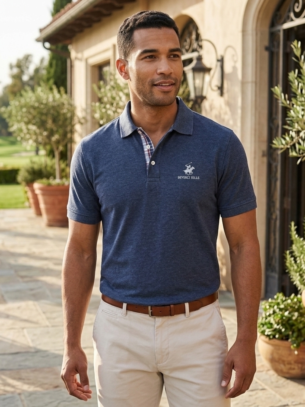 Beverly Hills Polo Club Men's Navy Heather Polo with Plaid Detail
